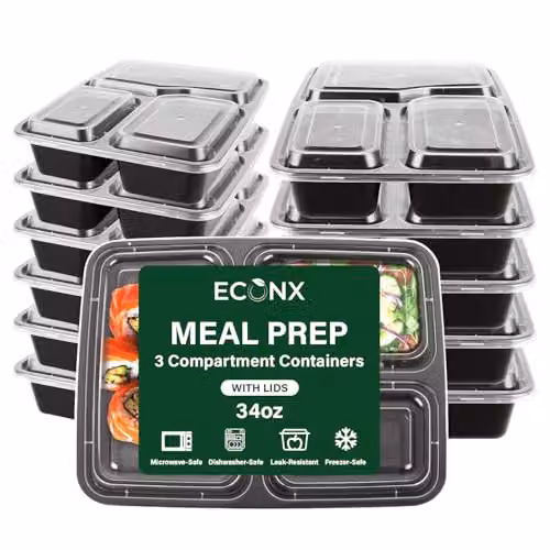 ECONX 50 Pack Black 3-Compartment Meal Prep Food Containers with Airtight Lids, 34oz Plastic Bento Lunch Boxes, Microwave and Dishwasher Safe