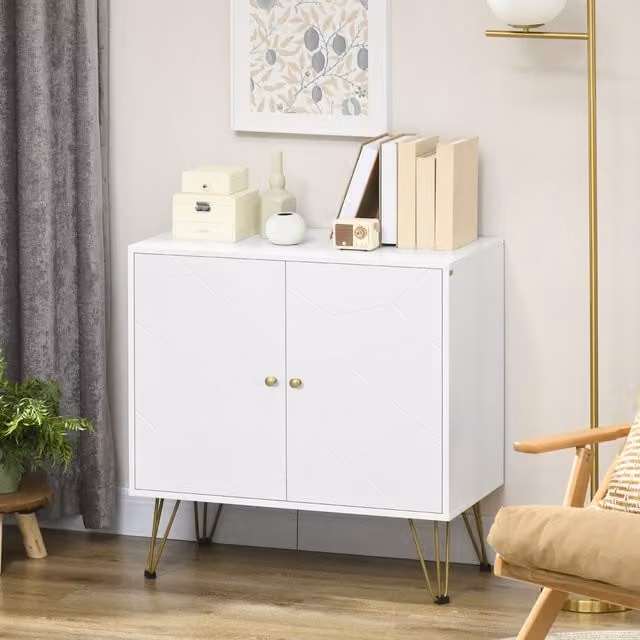 HOMCOM Modern White and Gold Freestanding Storage Cabinet with Metal Hairpin Legs