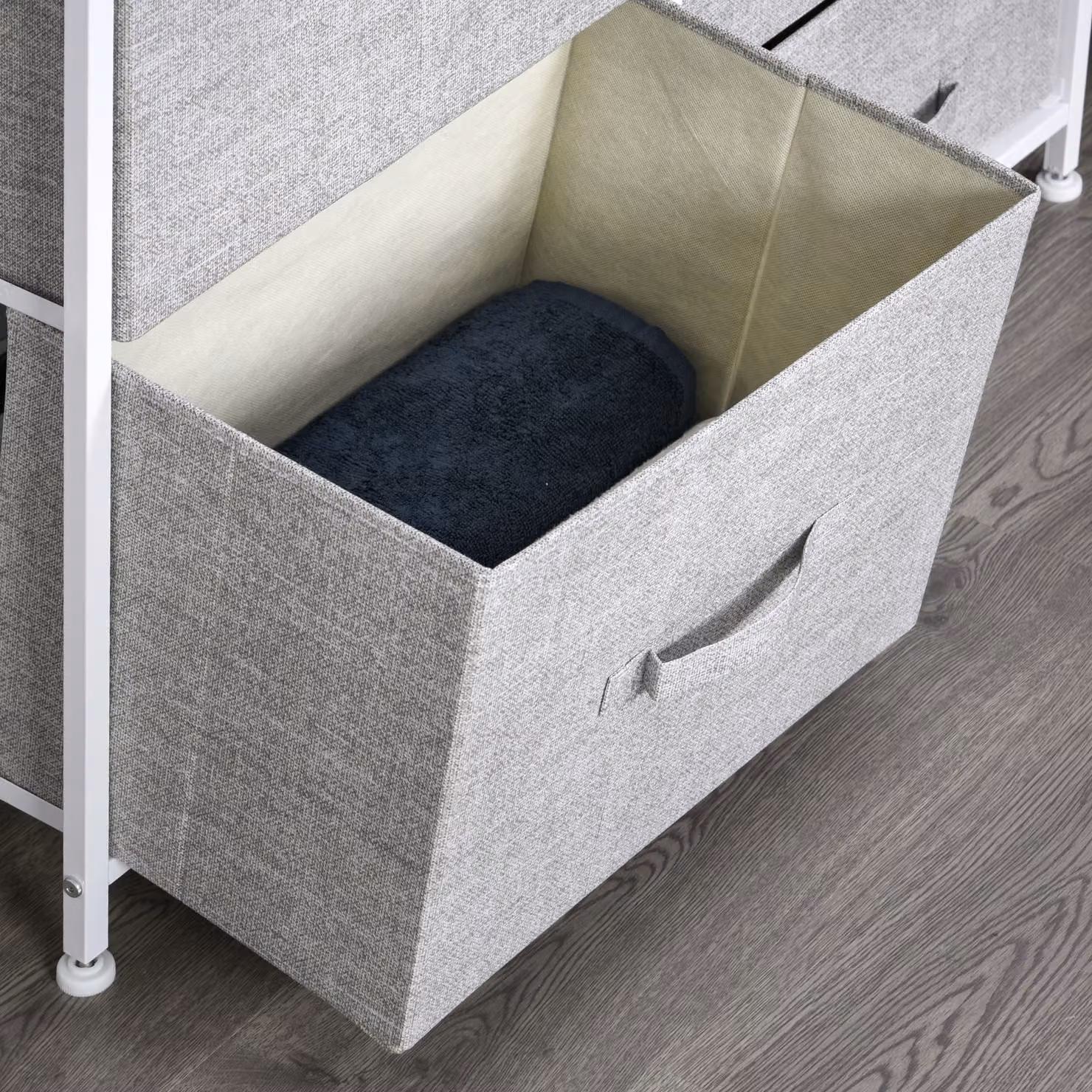HOMCOM 5 Drawer Grey Linen Storage Chest with Metal Frame and Shelf – 3