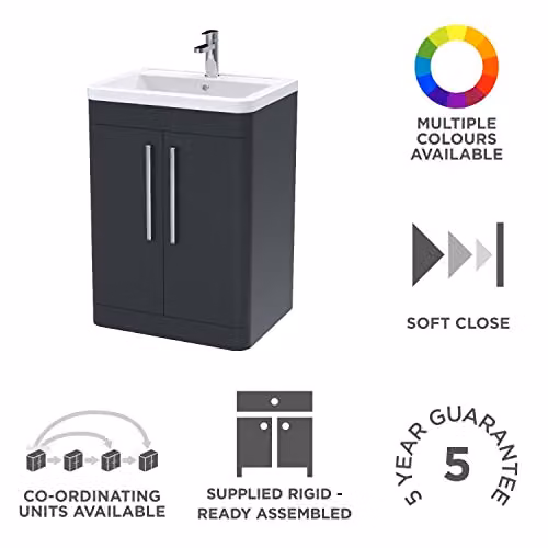 nuie Parade Modern 2 Door Bathroom Floor Standing Vanity Basin Cabinet with Ceramic Basin, Soft Black, W: 60 cm, D: 44.5 cm, H: 80 cm – 2