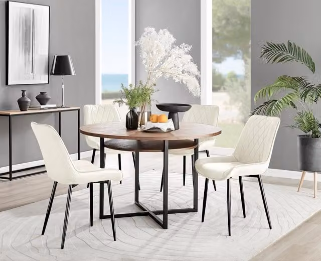FurnitureboxUK Adley Brown Wood Round Dining Table and 4 Pesaro Cream Chairs with Black Legs – 1
