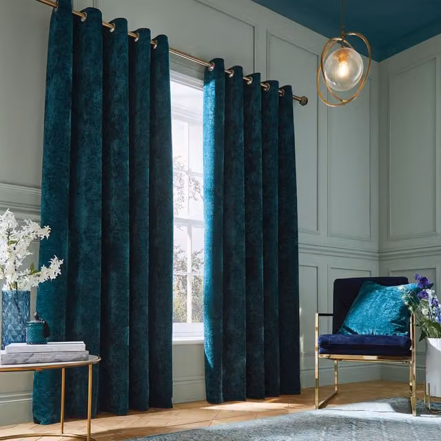 Hyperion Interiors Selene Luxury Chenille Thermal Insulating Eyelet Curtains in Petrol Teal