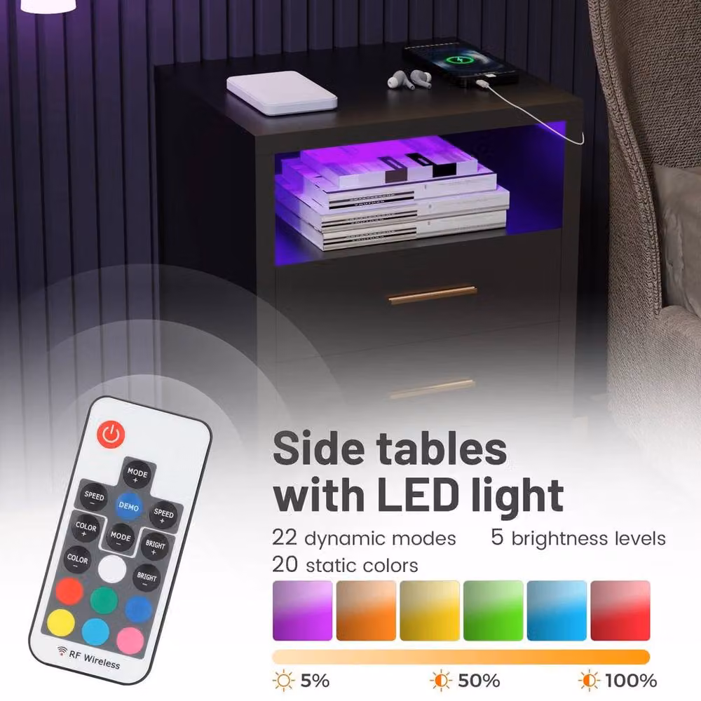 FORGEVIO Modern Black 3-Drawer Bedside Table with Integrated Lighting – 5
