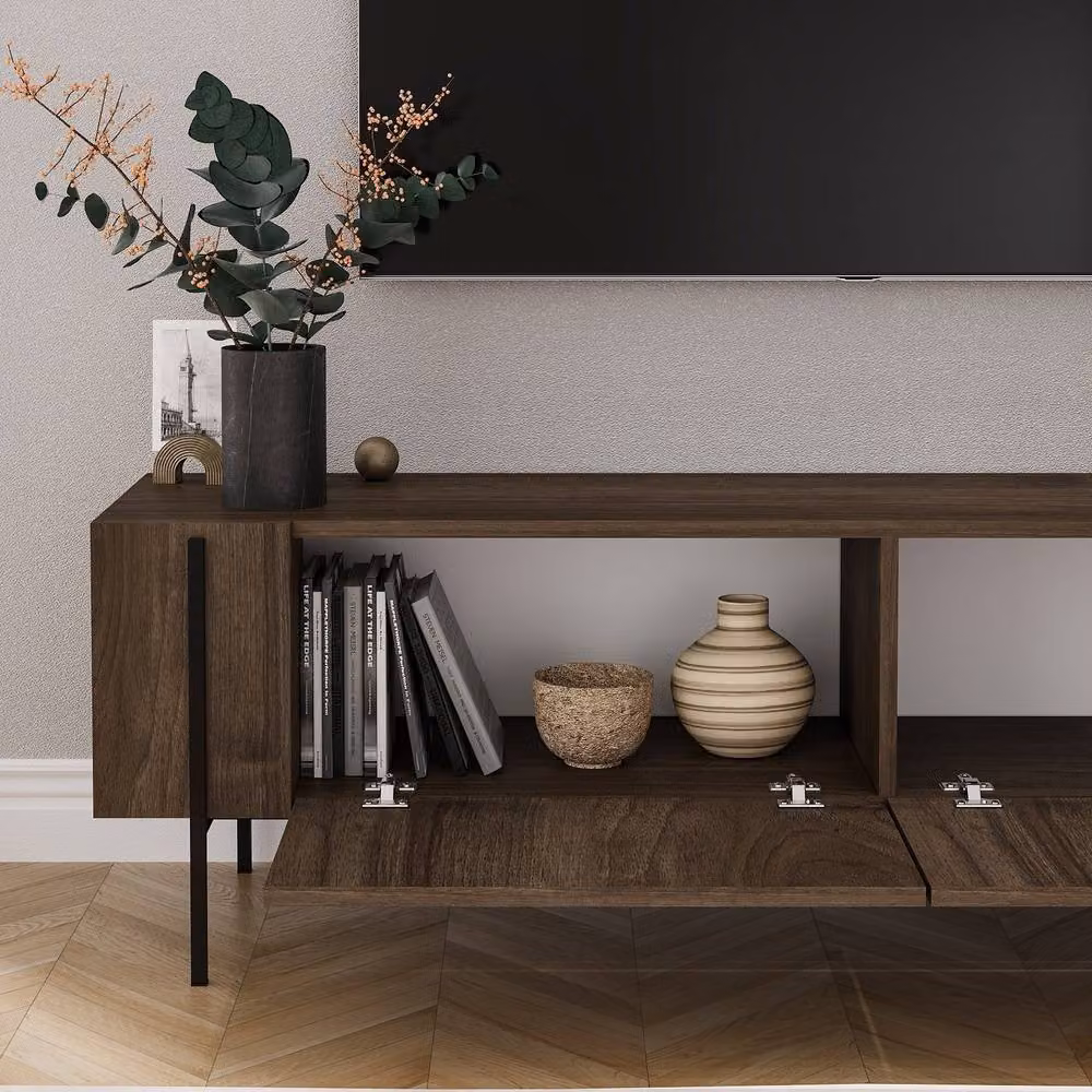 CALICOSY Hermione 2-Door TV Stand with Metal Legs in Walnut Brown, Width: 160 cm – 4