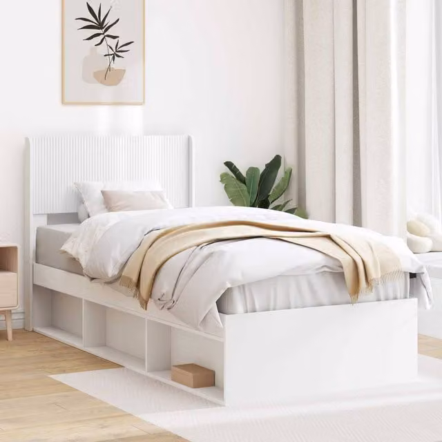 Berkfield Home Modern Bed Frame with Headboard and Side Compartment Storage, White, W/D/H: 90 x 200 cm