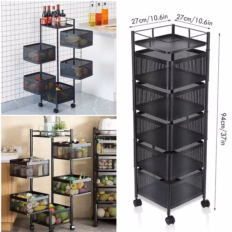Kelvenix 6 Tier Rotating Kitchen Vegetable Storage Rack in Matt Black
