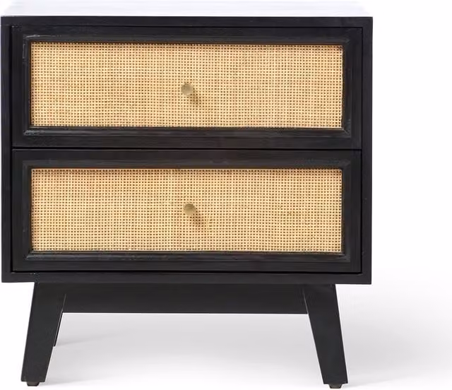 Venice 2 Drawer Bedside Table in Black Mango Wood with Natural Rattan Webbing