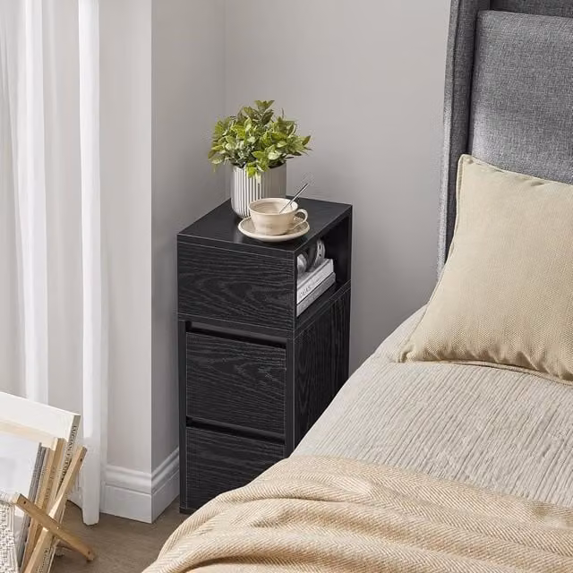 VASAGLE Slim Narrow Bedside Table with Drawers and Open Compartment in Black