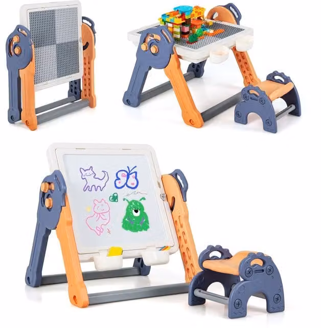 Costway 6-in-1 Multi-activity Play Table and Chair Set with Folding Painting Easel, Multicolour – 1