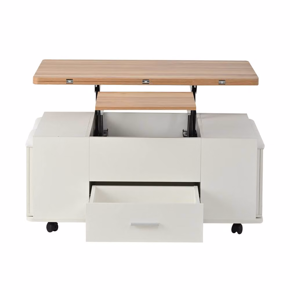 Merax Extendable Lift Top Coffee Table with 4 Storage Stools and Castors in Sand – 3