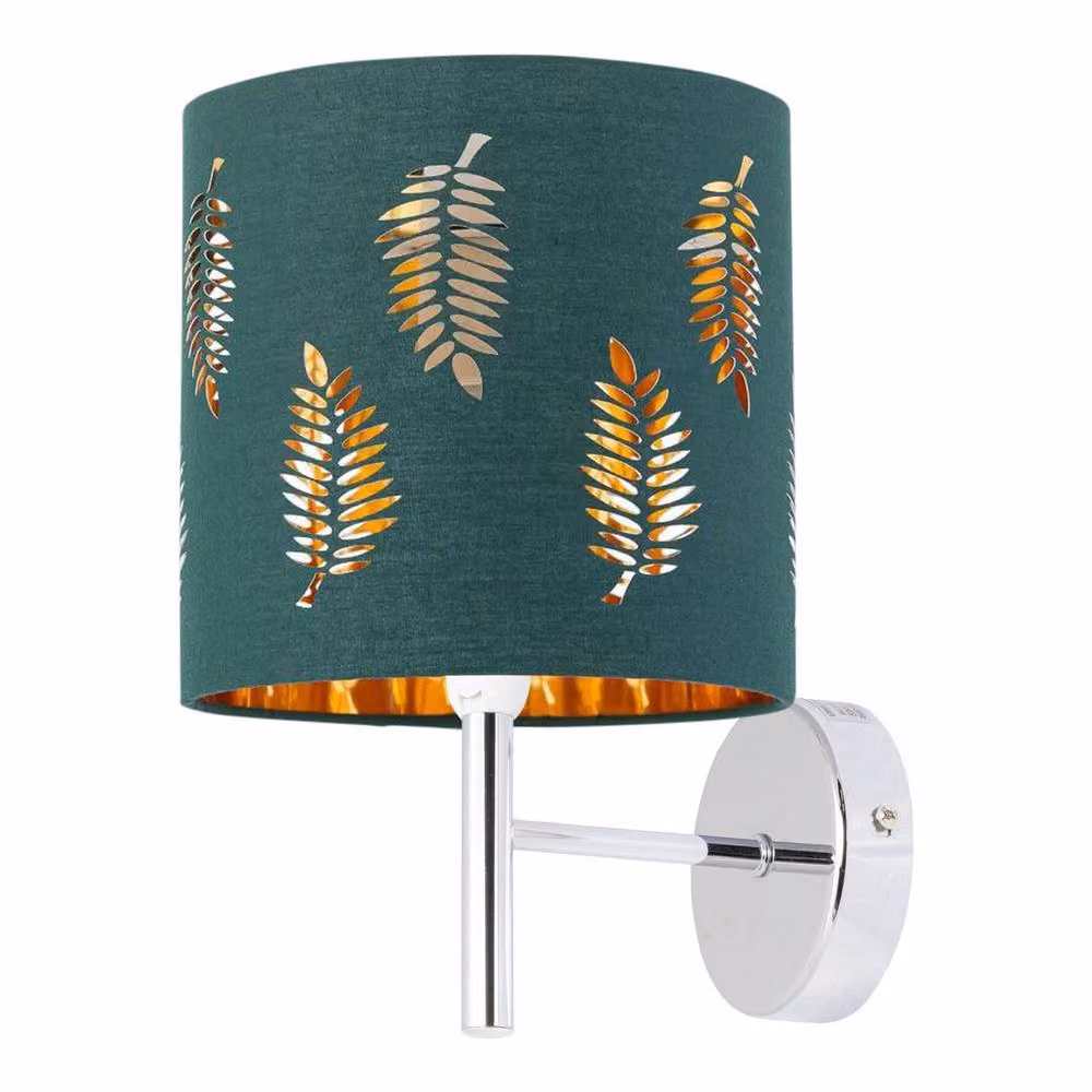 First Choice Lighting Brea Set of 2 Chrome Wall Lights with Green Fabric Shades – 2