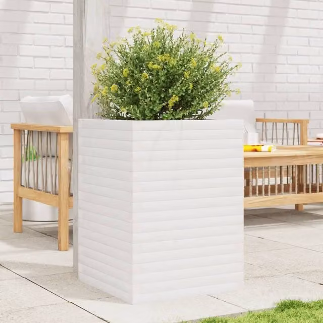 Berkfield Home White Solid Wood Pine Garden Planter Tub W: 50 cm, D: 50 cm, H: 68.5 cm