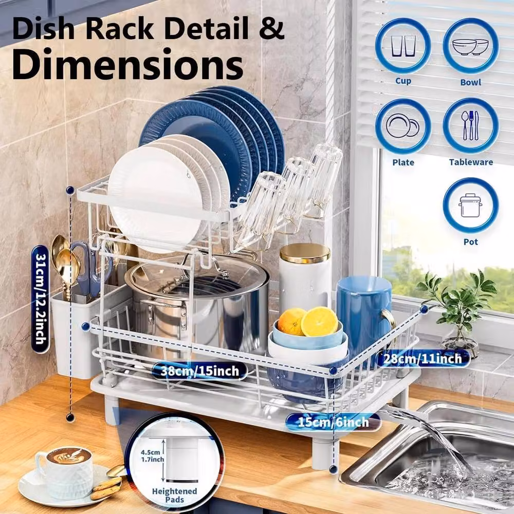 simplehuman 2 Tier Stainless Steel Kitchen Dish Drainer Rack in White with Cutlery Holder and Drip Tray – 2