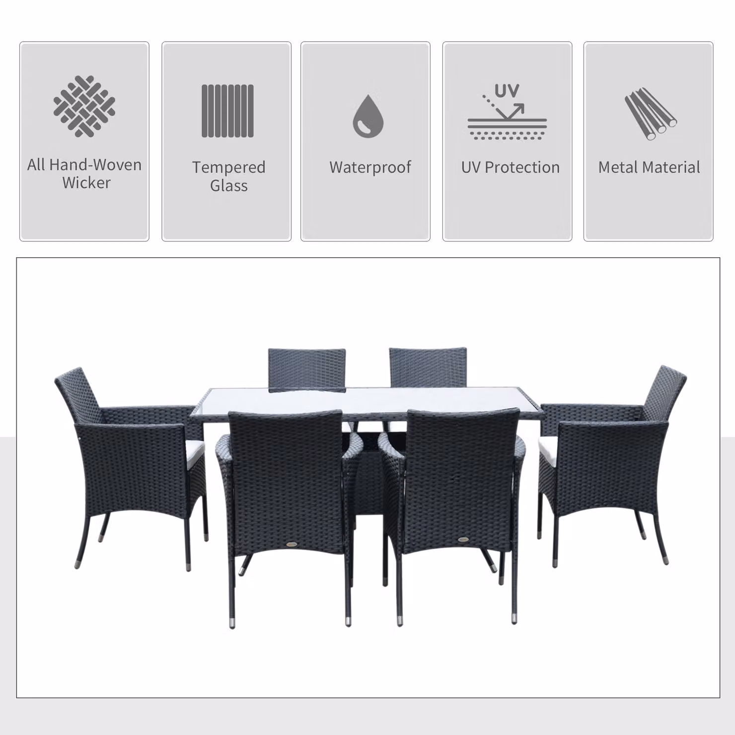 Outsunny 6-Seater Rattan Dining Set with Rectangular Glass Table and Cube Chairs in Black – 4