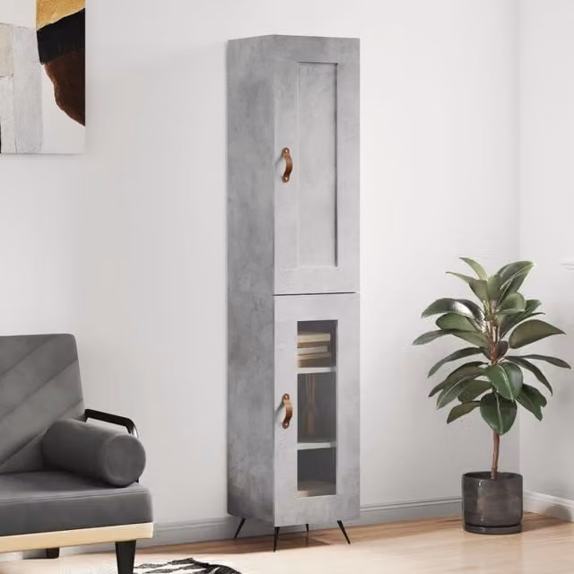 Berkfield Home Highboard in Concrete Grey with Glass Doors, W/D/H: 34.5 x 34 x 180 cm