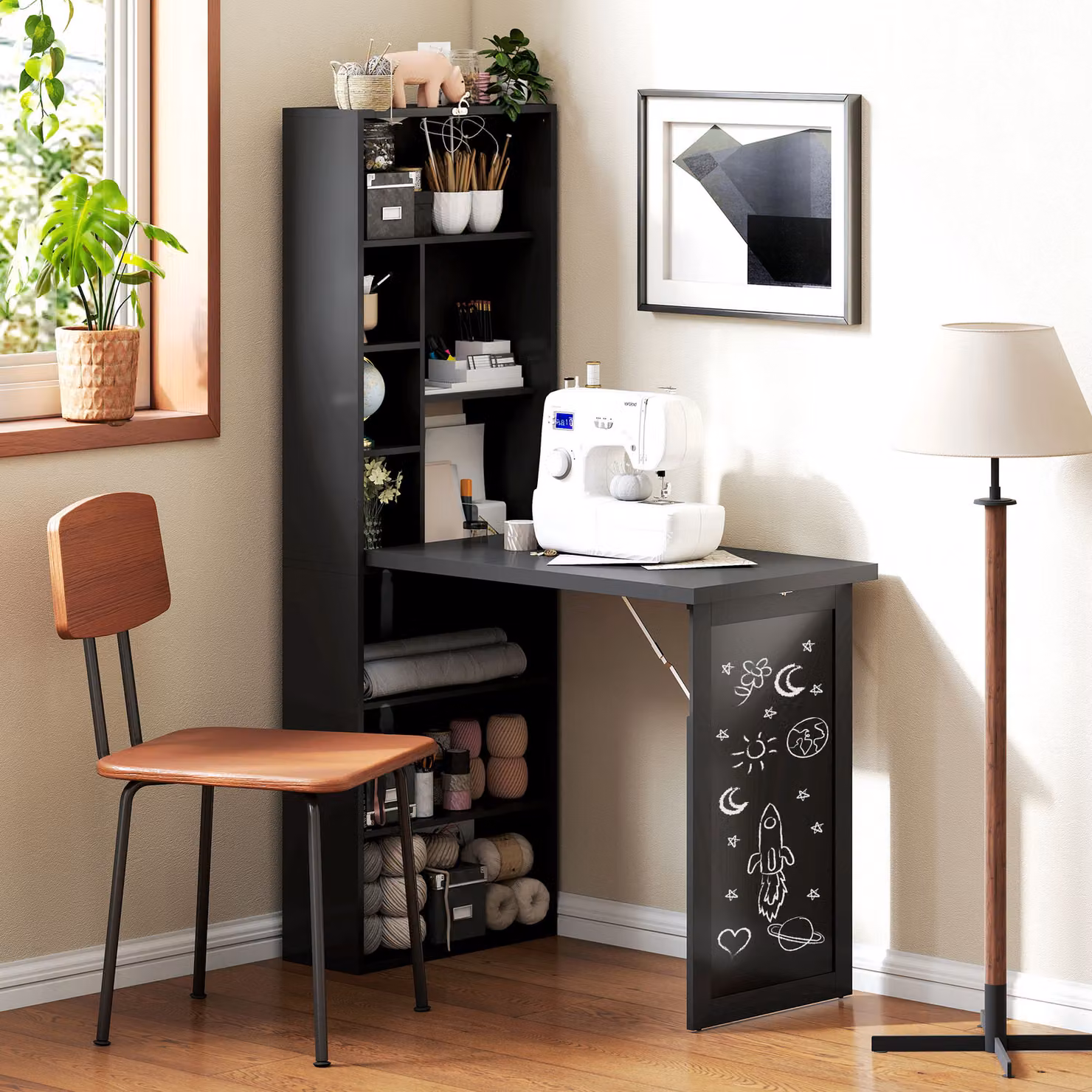 HOMCOM Three-Part Modern Computer Desk with Storage and Chalkboard, Black – 2