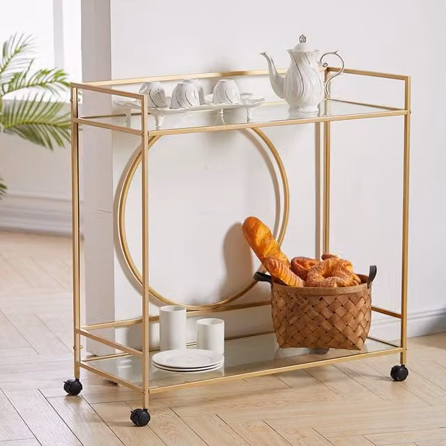 Livingandhome Gold Metal 4-Wheel Kitchen Trolley with Glass Serving Tiers