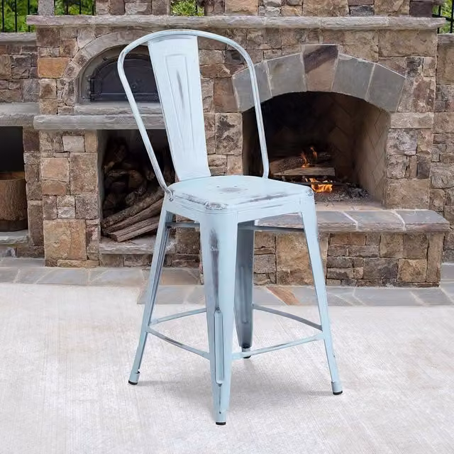 FWStyle Industrial Distressed Metal Counter High Stools in Light Blue