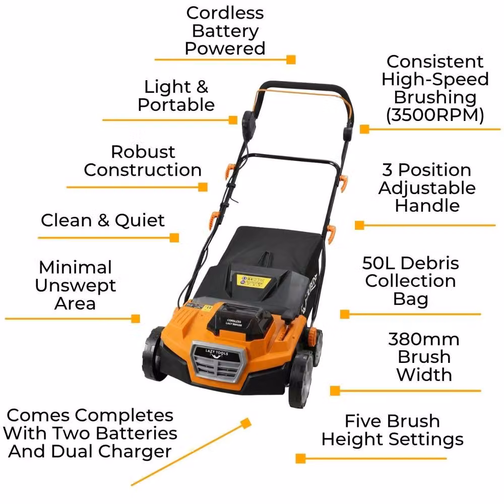 Lazy Tools Cordless 40V Grass Sweeper in Orange with 380mm Sweeping Width, 50L Collection Bag, 2x4Ah Rechargeable Batteries and Dual Charger – 2