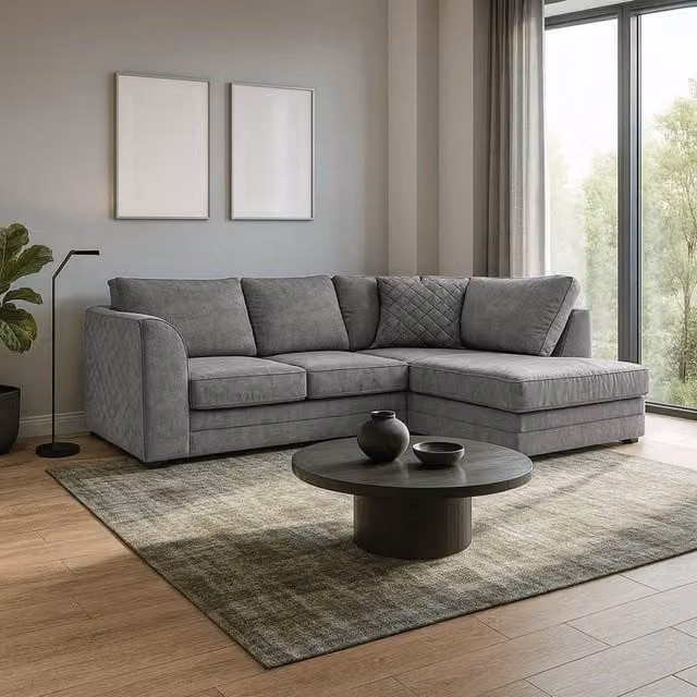 Furnishings For Less UK Grey Quilted Chenille Fabric 3 to 4 Seater L Shaped Corner Sofa, Right Hand Facing – 1