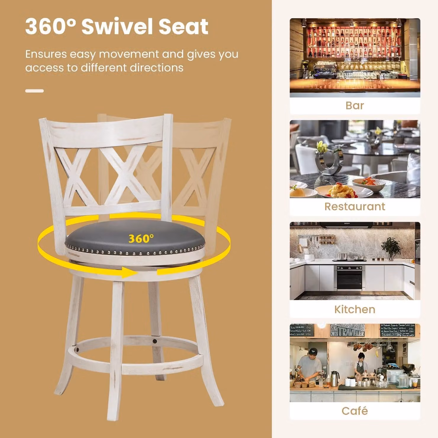 Costway Set of 2 White Upholstered Counter Height Bar Stools with 360 Degree Swivel Seats – 4