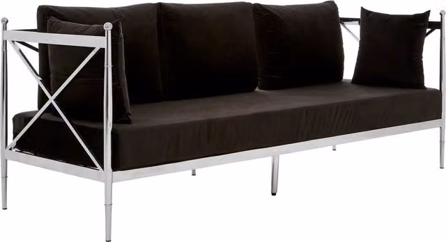 Fifty Five South Novo 3 Seater Black Velvet Sofa with Silver Metal Frame and Scatter Cushions