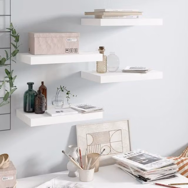 Berkfield Home Set of 4 High Gloss White Floating Wall Shelves, W: 40 cm, D: 23 cm, H: 3.8 cm