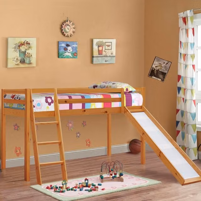 Comfy Living Single Mid Sleeper Bed with Slide in Brown Solid Wood, Height: 218.5 cm