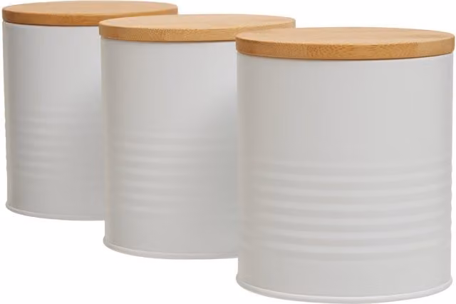 Orsina Set of Three Airtight Metal and Bamboo Kitchen Canisters in White and Grey