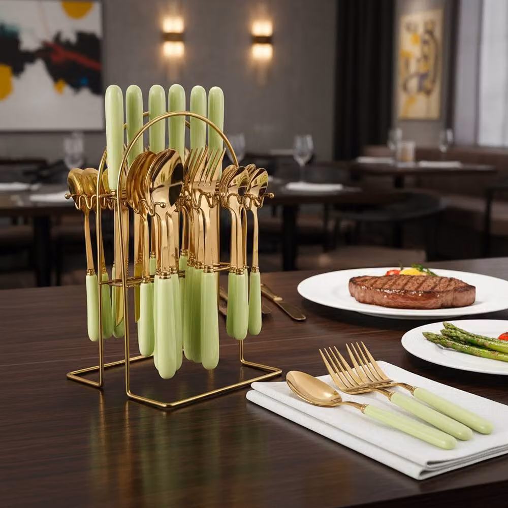 Living and Home 24-Piece Polished Stainless Steel Cutlery Set with Ceramic Storage Case in Green and Gold – 7