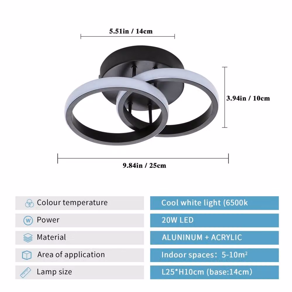Pheashine Modern LED Ceiling Light, Black, Diameter: 25 cm, 6500K Cool White – 2