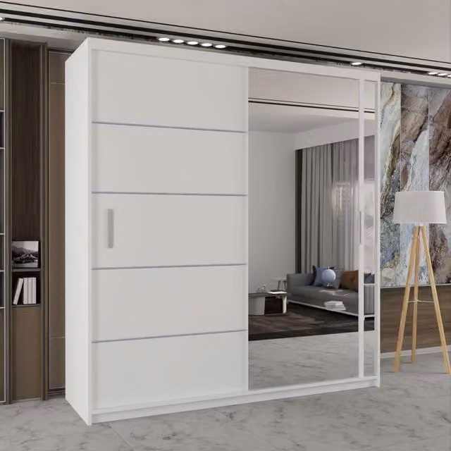 Sliding Wardrobes 4U Modern Double Sliding Wardrobe with Integrated LED Lighting, White, W: 150 cm, H: 217 cm, D: 62 cm