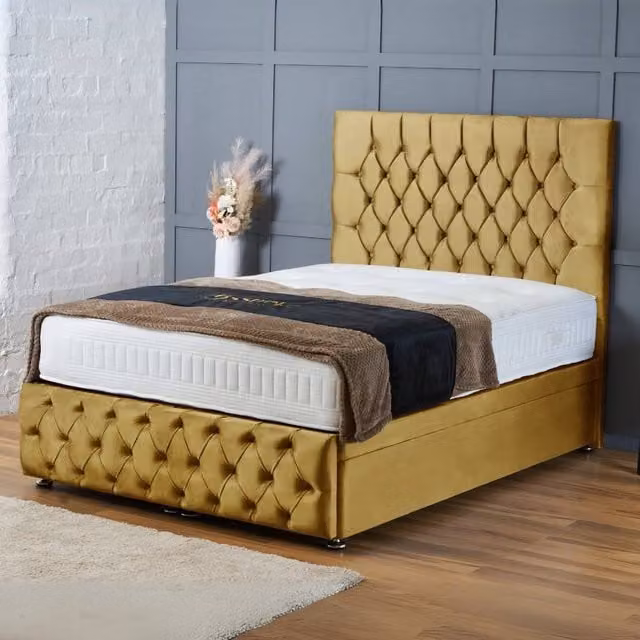 BSSPOKE Mulberry Ottoman Divan Bed in Yellow Plush Velvet with 54 inch Headboard, W/D/H: 90 x 190 cm