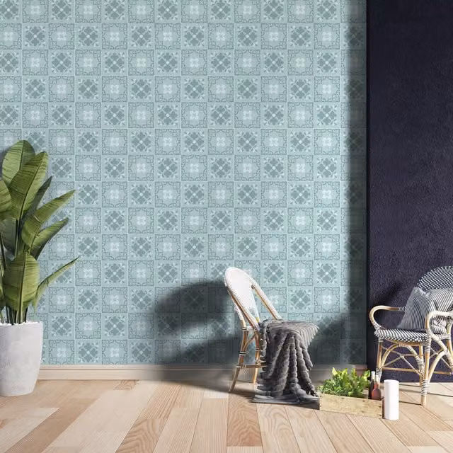 Walplus Adhesive Geometric Wall Tile Stickers in Green and Turquoise, 24 Pack, W: 15 cm, H: 15 cm