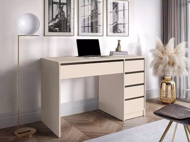 JENEMI Modern Writing Desk with 5 Drawers in Beige and White, W/D/H: 120 x 55 x 76 cm