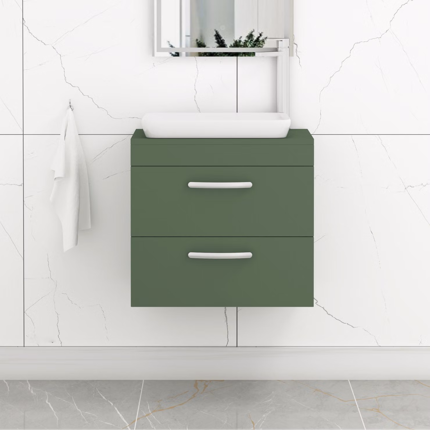 Royal Bathrooms Turin 800mm Wall Hung Vanity Unit with 2 Drawers and Countertop Basin in Matt Green with Brushed Brass Handle