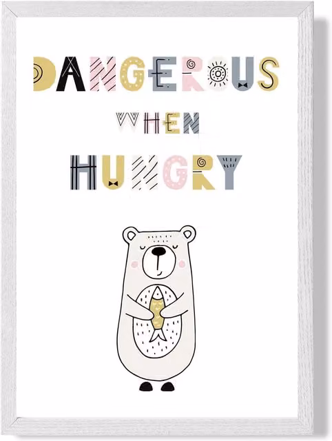 ARTZE Cute Dangerous When Hungry Bear Scandi Quote Framed Print, Pink with White Frame, A2 – 1