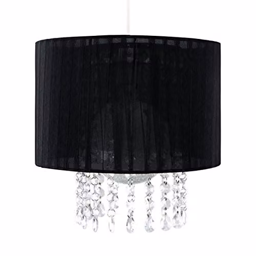 MiniSun Black Voile Ribbon Cylinder Pendant Light Shade with Acrylic Droplets, Width: 28 cm