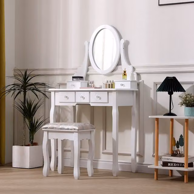 Livingandhome Modern White Makeup Vanity Desk with Mirror and Stool