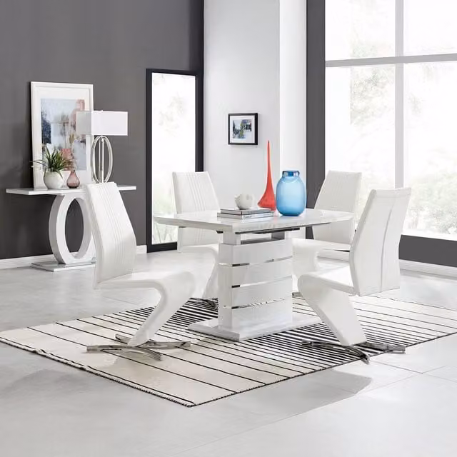 FurnitureboxUK Renato White High Gloss Extending Rectangular Kitchen Dining Table and 4 Willow Chairs