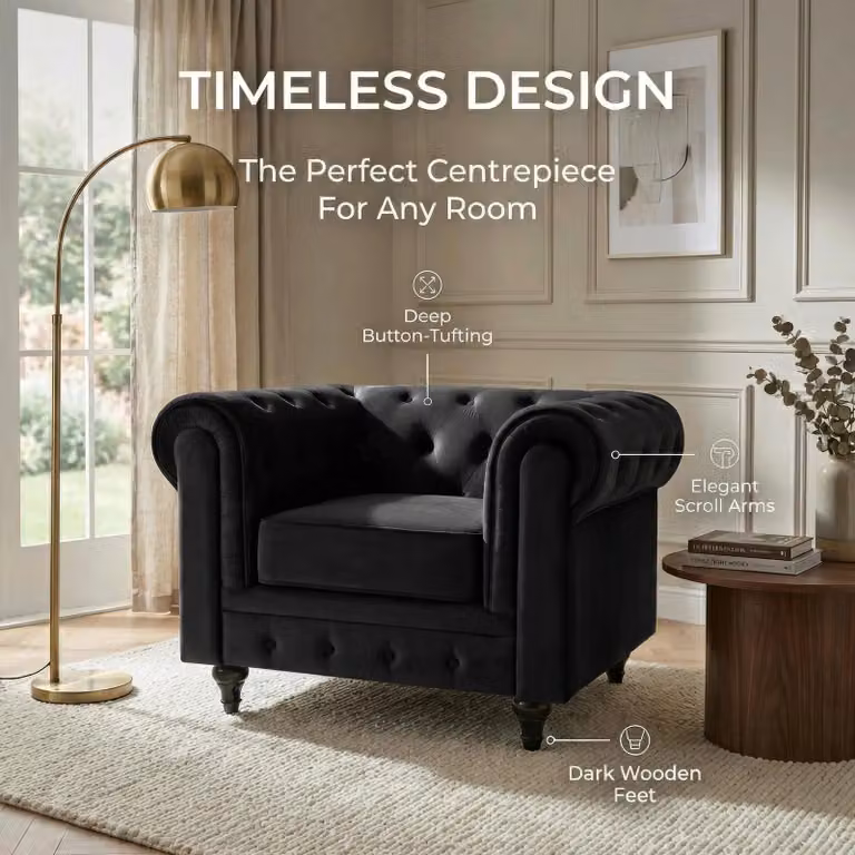 Bravich LTD Chesterfield 3 Seater Velvet Sofa in Black