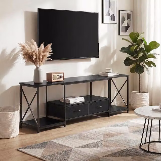 Livingandhome Modern Black TV Cabinet with Fabric Drawers and MDF and Metal Construction