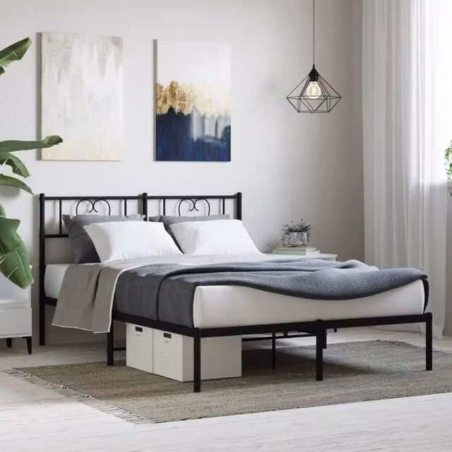 Berkfield Home Metal Bed Frame with Headboard in Black, W/D/H: 120 x 200 cm