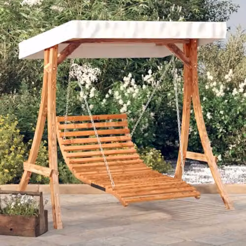 vidaXL Modern Swing Bed and Chair with Sun Canopy, Convertible Spruce Wood Porch Swing in Brown and Beige with Teak Finish – 2
