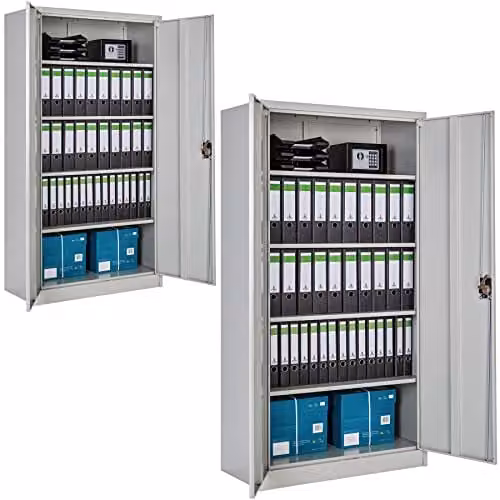 tectake Set of 2 Metal Filing Cabinets with Adjustable Shelves and Lockable Hinged Doors, Grey, H 180 x W 90 x D 40 cm
