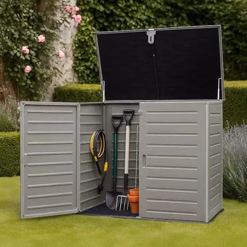 Jack Stonehouse 1170L Grey Garden Storage Cabinet, W/D/H: 140 x 82 x 120 cm, Weather Resistant Outdoor Tool and Equipment Box with Gas Lift Lid and Padlock Clasp – 1