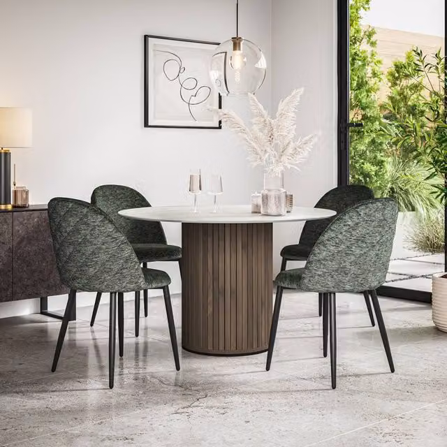 More4Homes Arlo White Marble Top Round Dining Table with Walnut Legs and 6 Green Raye Velvet Dining Chairs, W/D/H: 120 x 120 x 75 cm – 1