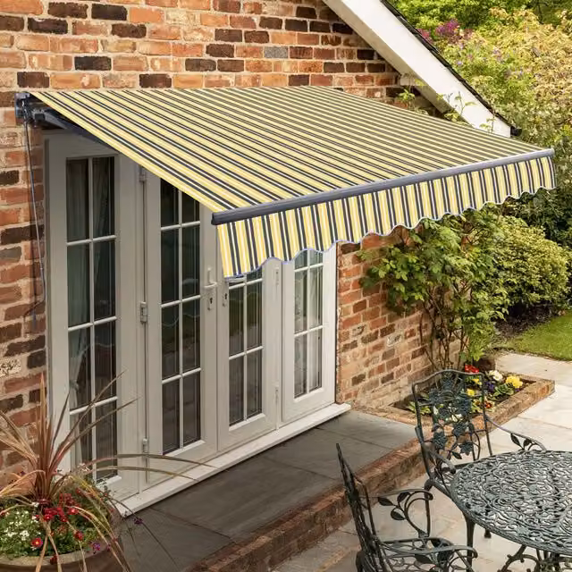 Primrose Manual Folding Arm Patio Awning with Yellow and Grey Striped Fabric, W: 250 cm, D: 18 cm
