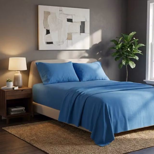 Snug City Blue Plain Brushed Cotton Flannelette Fitted Sheet, Flat Sheet and Pillowcase Set – 1