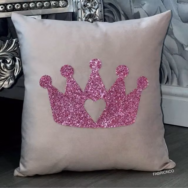 FABRICNCO Pink Velvet Square Princess Crown Cushion